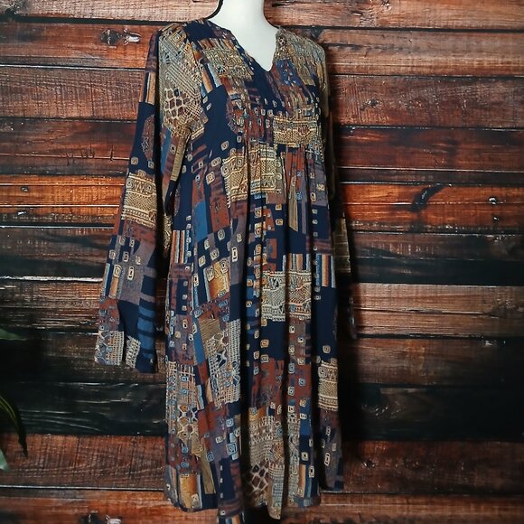 Ethyl Shift Dress S Bohemian Patchwork Print Long Sleeve Rayon Hippie Flowy - Picture 4 of 9
